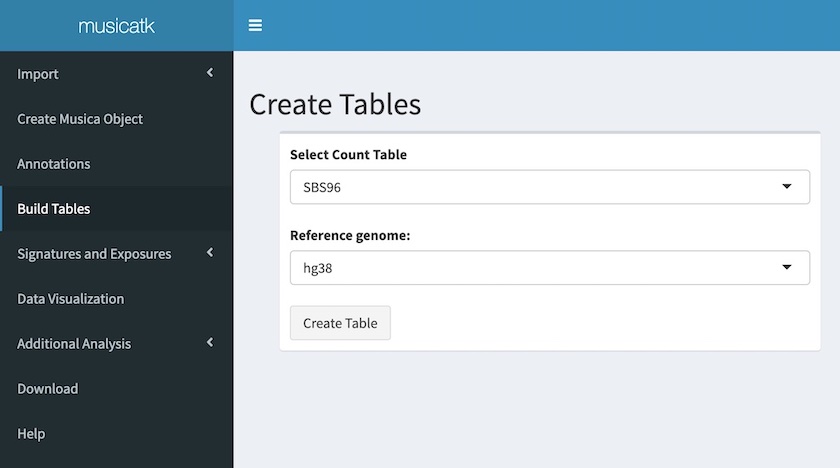 screenshot of build tables tab